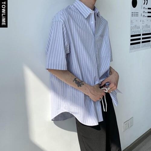 Mens Striped Harajuku Korean Shirts Half Sleeve 2021 Summer Mens Chic Shirt Male Loose Button Up Tops Couple Clothing