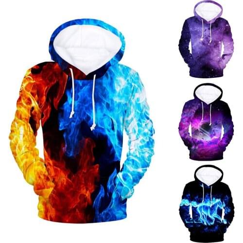 Men 3D Digital Fire Flame Print Hooded Sweatshirt Drawstring Hoodie Coat Autumn and winter mens clothing