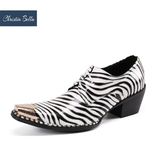 Christia Bella Designer Zebra Pattern Real Leather Men Oxford Shoes Lace Up Wedding Party Brogue Shoes Male Mid Heel Derby Shoes