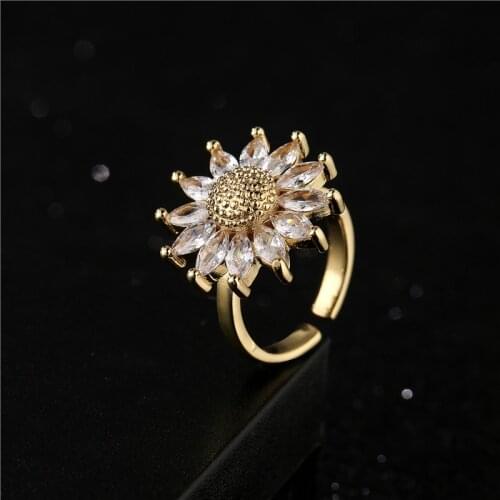 NEWBUY Brand Luxury Crystal Cubic Zirconia Wedding Jewelry 2021 New Fashion Gold Color Sunflower Design Open Ring For Women