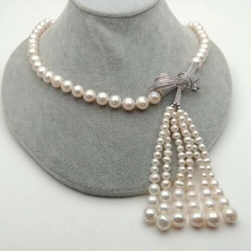 Natural Cultured White Pearl statement Necklace cubic zirconia connector