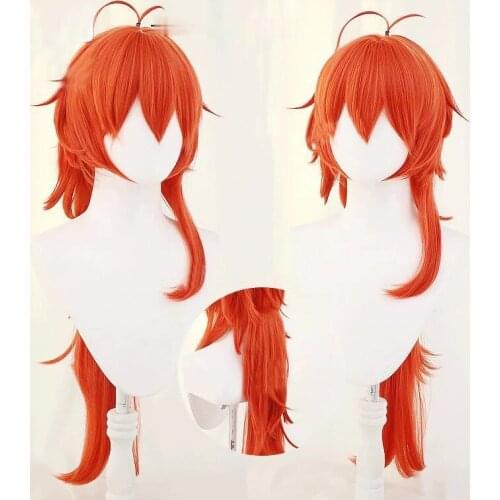 Game Genshin Impact Diluc Cosplay Wig Red Gradient Orange Red Accessories Cos Wig Tiger Mouth Clip Halloween Costumes For Women
