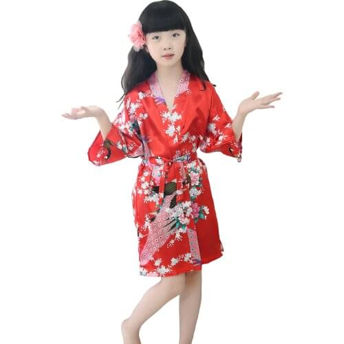 Pajamas for Girls Kimono Traditional Print Peacock Thin Loose Night Gown Kids Japan Style Red Robes