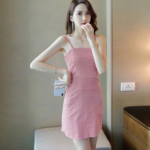 New Spring Summer Korean Style Women Dress Fashion Simple Sexy Inner Wear Slim Plaid Print Sling Dress
