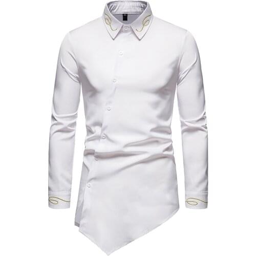 Oblique Button Shirt Men Western Cowboy Embroidery Shirt Mens Slim Fit Long Sleeve Chemise Homme Streetwear Casual Shirts XXL