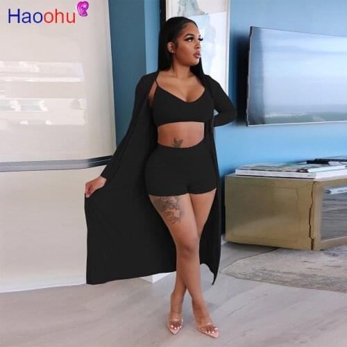 HAOOHU Sexy Streetwear Women Three Piece Set Long Sleeve Clock Crop Top Shorts Pants Suit Tracksuit Matching Set Casual Outfit