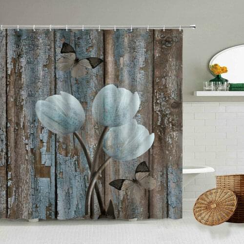 Tulip Sunflower Rose Flower Shower Curtain Butterfly Vintage Old Wooden Board Bathroom Accessories With Hook Waterproof Screen
