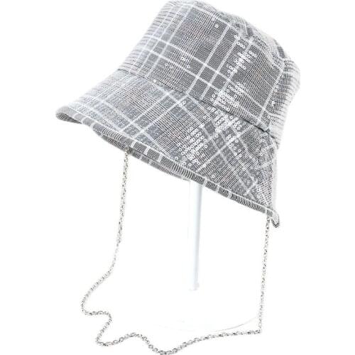 Spring and Autumn New Sequin Plaid Womens Personality Versatile Simple Basin Cap Fishermans Hat