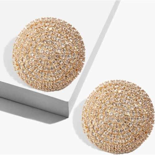 JUST FEEL Shiny Crystal Stud Earrings For Women Fashion Metal Round Bohemian Pendant Statement Earrings Jewelry Christmas Gifts