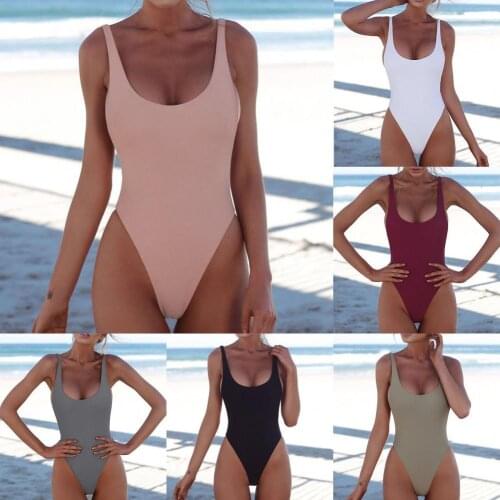 Women Sexy Summer Solid Color Low-cut Monokini One Piece Swimsuit Bathing Suit Monokini Bodysuit V-neck Swim Bathing Suit