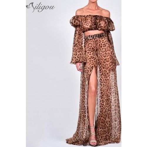 Ailigou Sexy Printed Leopard Print Two-piece Female Strapless Lantern Sleeve Cropped Top High Open Leg Pants Fashion Party Set