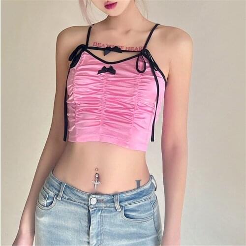2021 Summer Women Sweet Pink Bow Spaghetti Strap Camisole Sexy Sleeveless Ruched Cross Backless Lace Crop Tops