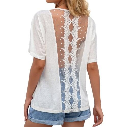 Womens Top Summer Sexy Hollow out Backless Mesh Tops Female Short Sleeve Breathable T-Shirt Transparent Elegance T Shirts