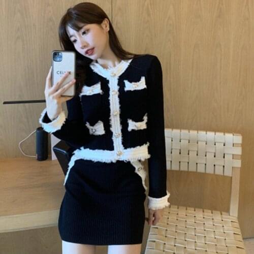 Korean 2020 New Women Single Breasted Tassel Short Style Knitted Jumper Tops Sweaters + Fashion Mini Skirts Two Pieces Sets