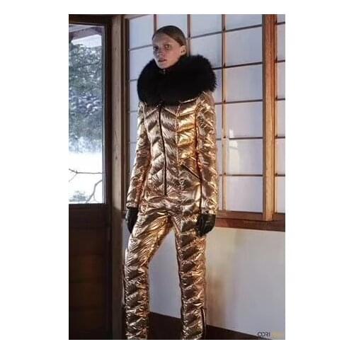 Customized super real fur 2019 Winter jumpsuit women white duck down jackets Womens ski suit down jacket outdoor suit outerwear