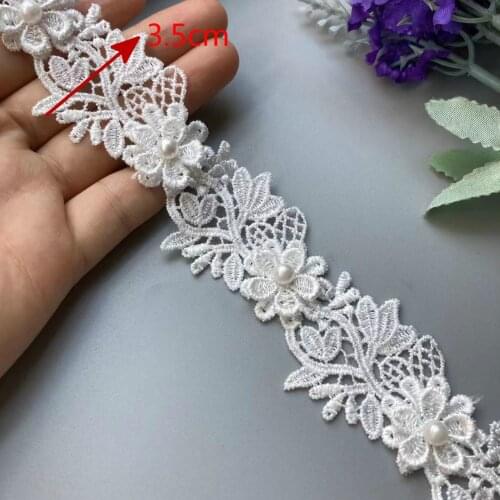 1 Yard 35mm White Lace Trim Ribbon Soluble Pearl Flower Embroidered Fabric Handmade For Costume Sewing Supplies Craft Decoration