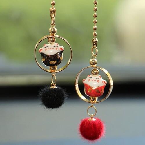 2Pcs Car Pendant Smiling Lucky Cartoon Cat Decoration Auto Interior Rear view Mirror Fur tassels Hanging Ornament Accessories