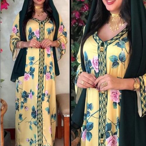 2021 Muslim Fashion Dress for Women Dubai Abaya Turkey Flower Print Satin Caftan Marocain Loose Casual Homewear Islam Clothing