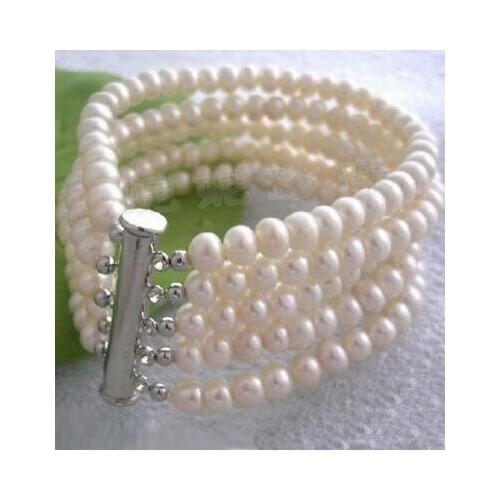 5 Rows Real 7-8mm White Pearl White Gold Plated Slide Clasp Bangle Bracelet