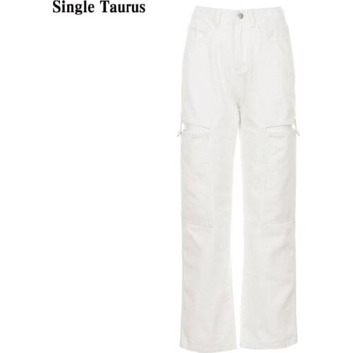 White Cargo Denim Pants Streetwear Fashion Hollow Out Straight Loose Harem Wide Leg Jean Long Length Boyfriend Casual Trousers