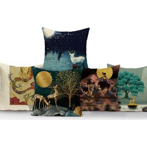 Dragon Red Crowned Crane Nordic Deer Decorative Cushion With Ancient Mythology Pattern Pillow Cases For Bed Decorative Cushions