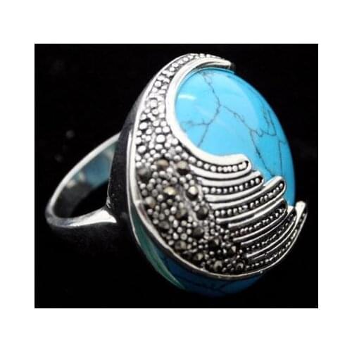 Good wholesale NEW Blue Natural jade Marcasite 925 Sterling Silver Ring Size 7/8/9/10