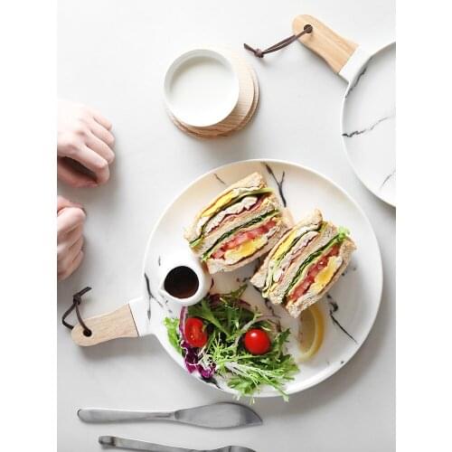 8 inch 10inch ceramic steak plates with wood handgrip simple Europe style home use cutlery creative marble under glazed plate