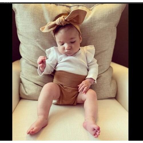 Newborn Baby Girls 3-piece Outfit Set Long Sleeve Solid Color Romper+Shorts+Headband Set