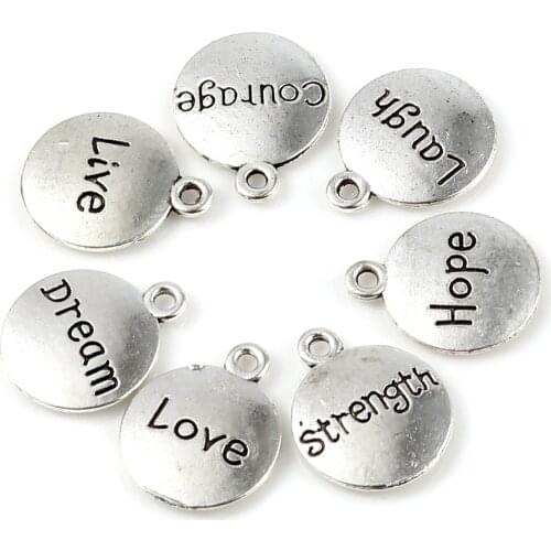 Creative Positive Quotes Energy Charms Round Antique Silver Color English Vocabulary Pendants DIY Making Necklace Jewelry,50PCs