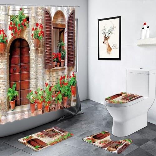 Floral Plant Garden Scenery Shower Curtains Courtyard Flowers European Style Decor Bathroom Carpet Non-slip Toilet Bath Mats Set