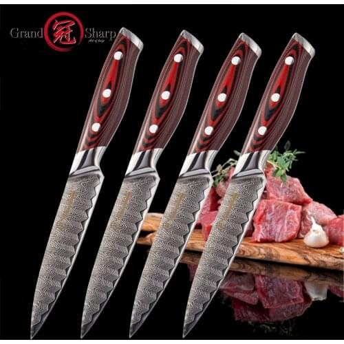 Grandsharp Steak Knife Sets 4 Pcs Damascus Kitchen Knives 67 Layers vg10 Japanese Damascus Steel Utility Knives with Gift Box