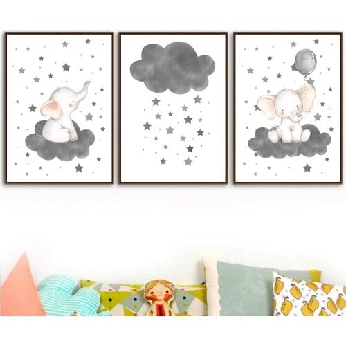Gray Stars Cloud Wall Art Canvas Poster Balloon Elephant Art Painting Nursery Print Nordic Wall Pictures Baby Kids Room Decor