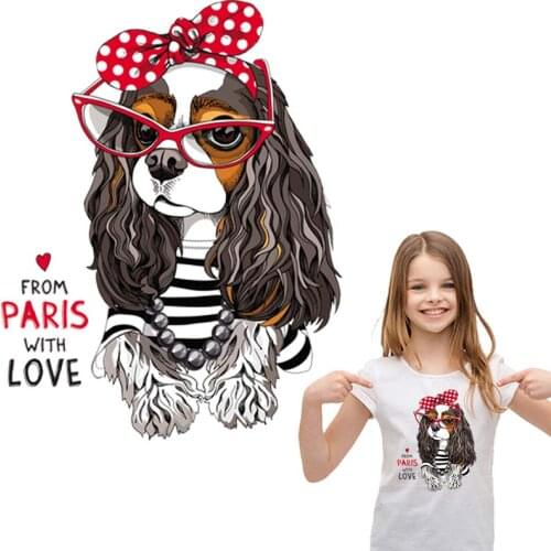 From Paris Love Dog Iron-On Transfers Diy Heat Print On T-Shirt Dresses Sweater Garment Parches Washable Thermal Patch