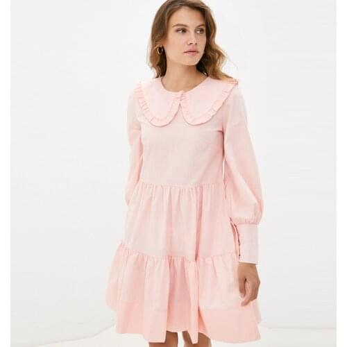 Women Sweet Solid Loose Peter Pan Collar Long Lanter Sleeve Mini Dress 2021 Spring And Autumn New Fashion Party Picnic Dress