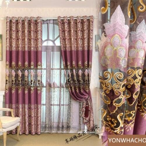 Custom curtains High-class European-style water-soluble embroidery purple chenille cloth blackout curtain tulle panel C001