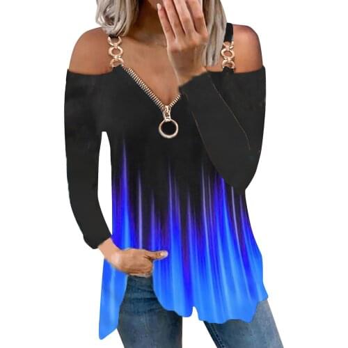 Casual Womens Tops And Blouses Women Autumn Sexy V-neck Printed Strapless Zipper Longsleeves Tops Blusas Mujer De Moda 2021