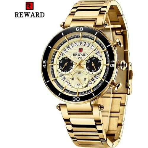 Hot Reward Men Quartz Wristwatch Stainless Steel Timepieces Gold Wrist Watch Multi-function Chronograph Waterproof Sport Watches
