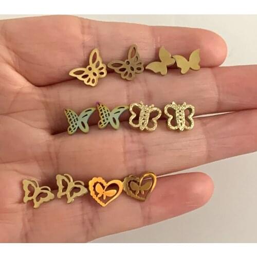 Simple Lovely Small Glossy Mix Kinds Butterfly Heart Shape Stud Earring Women Cute Animal Stainsteel Steel Ear Stud Cuff Jewelry