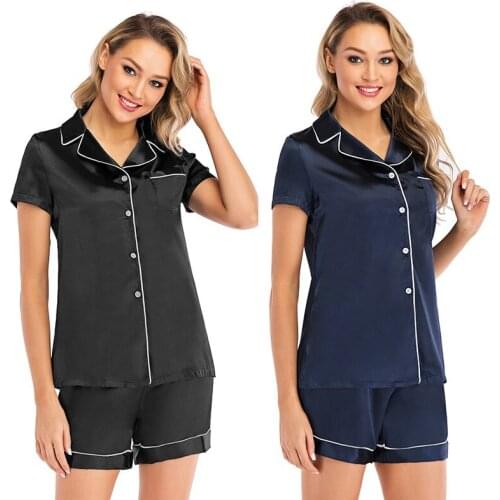 Spring Summer Womens Pajamas Faux Silk Simple Pure Color Leisure Nightwear Short Sleeves Sleepwear Pajamas for Women Sleep Tops