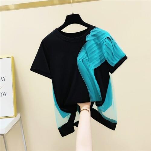 Summer Patchwork Mesh Pleated Loose Baggy Cotton Top Woman Fashion Short Sleeve Ladies Tops O-Neck S-XL T Shirts Women