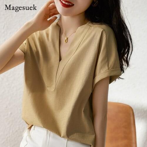 2021 Summer New Fashion Cotton T-shirts Sexy V-neck Short Sleeve Tops for Women Simple Elegant Office Lady T-shirt Blusas 16573