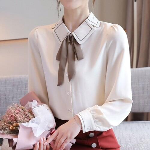 2020 Autumn Clothing for Women Shirt Chiffon Shirt Top Women Ladies Tops Casual Chiffon Bow Puff Sleeve Solid White Shirts 0817