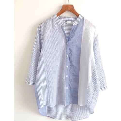 2020 New Summer Women Tops Korea Style Stripe Loose Stand Collar Cotton linen Blue White Shirts Women