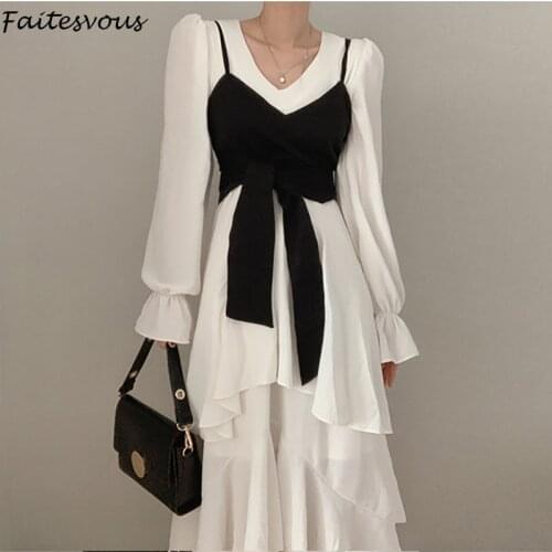 Korean White Dress Suit Women 2021 Spring Autumn Elegant Corset Camisole + V-neck Trumpet Dress Office Ladies