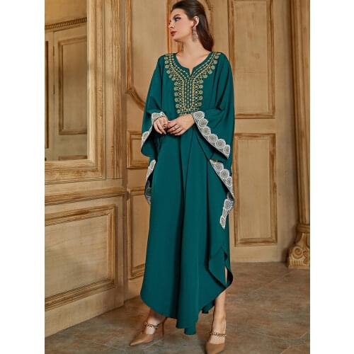 Women Maxi A-line Abaya Dresses Embroidery Lace-up Lantern Sleeve Kimono Muslim Long Dress Dubai Turkish Kaftan Islamic Clothing