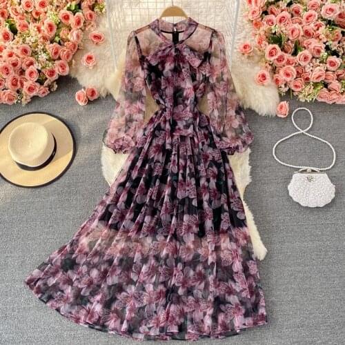 Elegant Fashion Women Summer Autumn Dress Long Sleeve Vintage French Style Floral Print Mesh Tulle Maxi Dresses Female