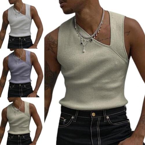Slash Neck Knitted Vest Solid Color Men Sleeveless Slim Fit Summer Vest Streetwear Summer Vest Streetwear