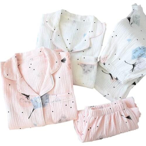 2020 Spring New Japanese Fresh style Women Pajamas Set Comfort Gauze Cotton Ladies Ginkgo Leaves Printed Thin Loose Home wear