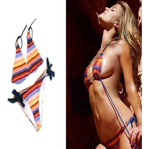 2021 Sexy Beach Bikini Summer Women Low Waist Halter Swimwear Set Bandage Bandage Stripe Swimwear Set