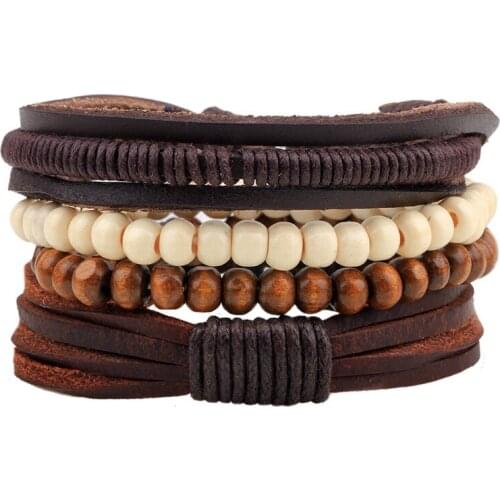 4pcs/set Vintage Punk Genuine Leather Alloy PU Hemp Rope Handmade Beads Braided Unique Make Men Women Bracelets